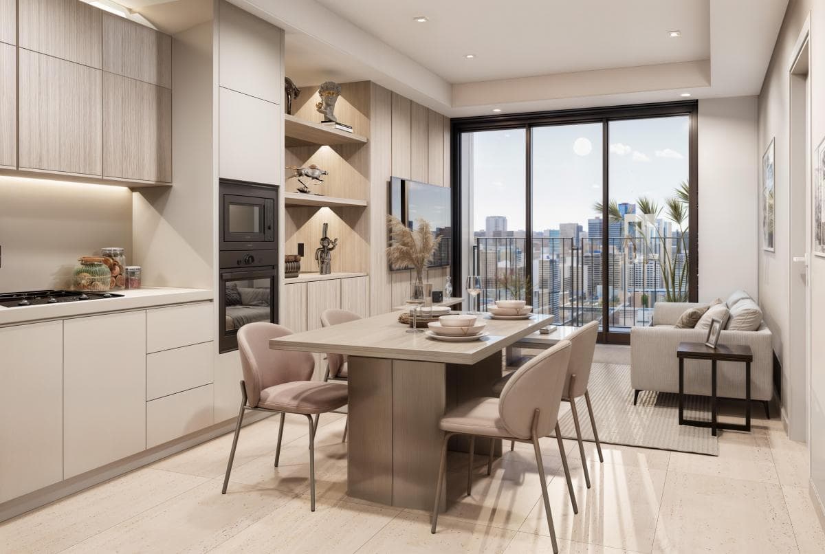 Cocina y comedor con vista a la ciudad