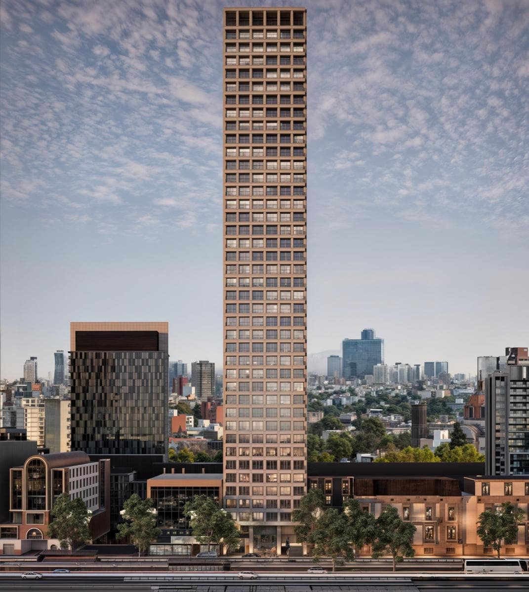 Render de torre residencial esbelta sobre Paseo de la Reforma